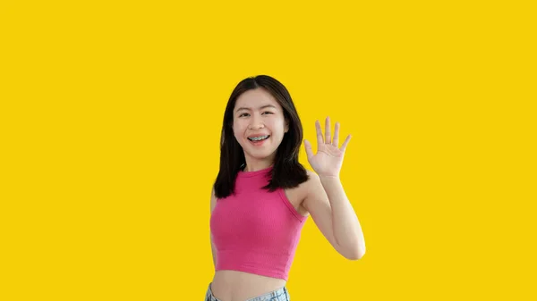 Waving Hand Asian Woman Smiling Friendly Greeting Hello Nice Meet — Stock Fotó