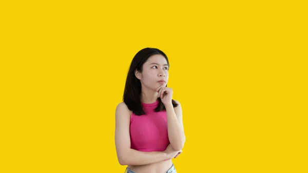 Young Asian Woman Thinking Hard Planning Something Overthinking Worrying Have — ストック写真