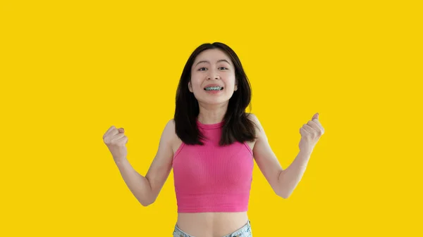 Asian Woman Posing Extremely Happy Win Successful Show Extreme Happiness — Stock Fotó