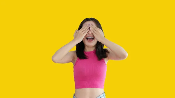Young Woman Covering Her Face Eyes Her Hands Isolated Cover — Foto de Stock