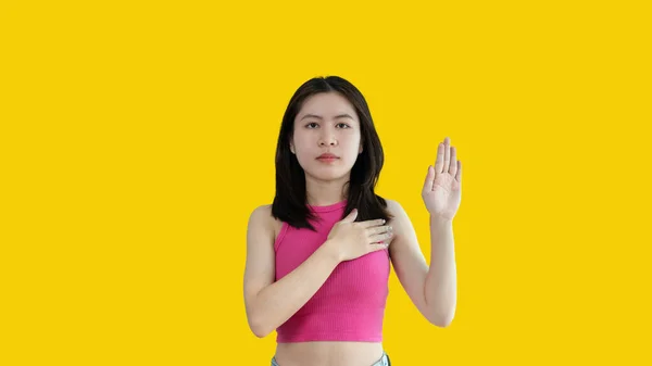 Young Woman Making Hand Sign Stop Behavior Gesture Suggests Unethical — Stock Photo, Image