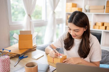 İçişleri Bakanlığı 'nda Sevkiyat için Müşteri Ayrıntıları Yazan Kadın, Paketleme Kutusu ve Verimli Taşımacılık, E-Ticaret ve Çevrimiçi Satış Konsepti Müşteri Bilgileri.