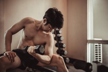 Spor Salonunda Dambıllarla Egzersiz Yapan Kaslı Genç Adam - Kuvvet Eğitim ve Zindelik Konsepti, Aktif Jimnastik, Fitness ve Kararlılık.