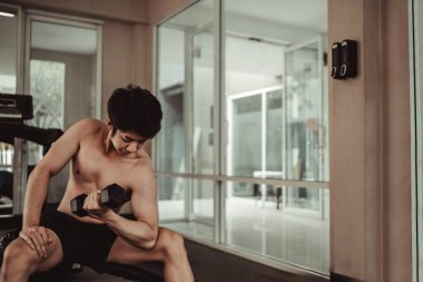 Spor Salonunda Dambıllarla Egzersiz Yapan Kaslı Genç Adam - Kuvvet Eğitim ve Zindelik Konsepti, Aktif Jimnastik, Fitness ve Kararlılık.