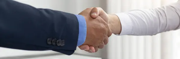 Both business people shake hands to celebrate financial success, Congratulation and greetings concept.