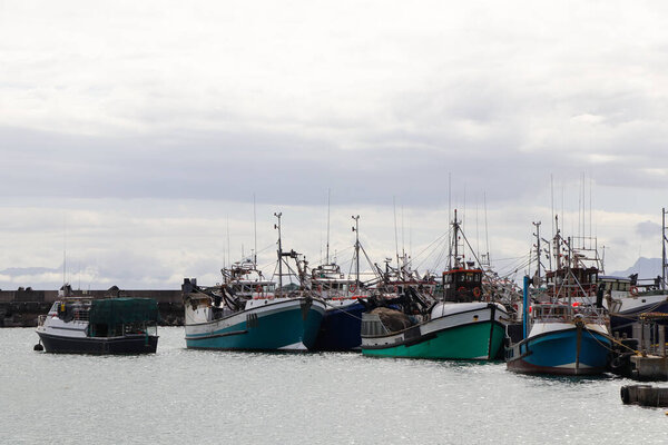 Fishing Trawler Boats Tied Up In Small Harbor, Gansbaai, South Africa