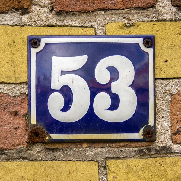 Enameled House Number Fifty Three White Font Blue — Stock Photo, Image