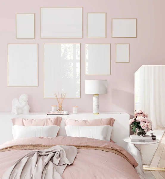 フレームモックアップ ホームインテリア背景 ピンクのパステルCのベッドルーム — ストック写真