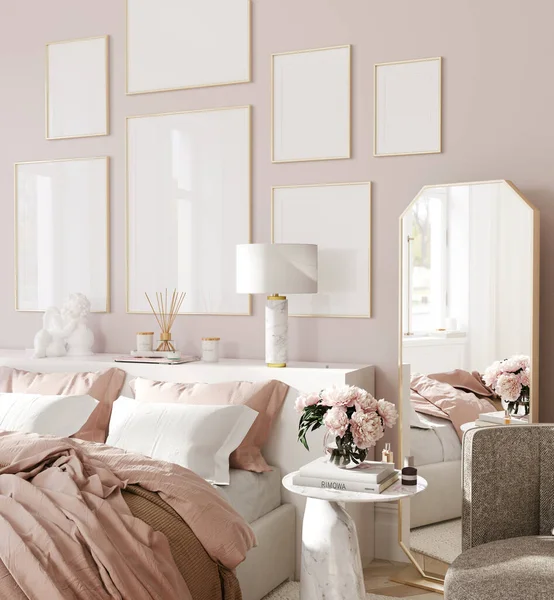 Frame Attrappe Home Interior Hintergrund Schlafzimmer Rosa Pastell — Stockfoto