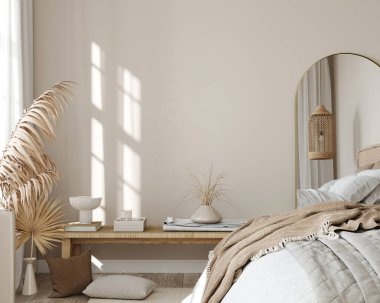 Ön görünümde bej renkli yatak odası içi / 3D illüstrasyon, 3d canlandırma