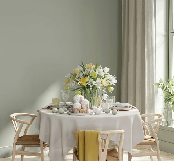 Comedor Moderno Interior Con Una Mesa Comedor Cubierta Con Mantel Fotos De Stock