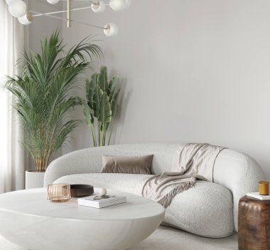 Yüzyılın ortalarında oturma odası. DCor için boş duvarlı, yan manzaralı. 3B illüstrasyon, 3B canlandırma