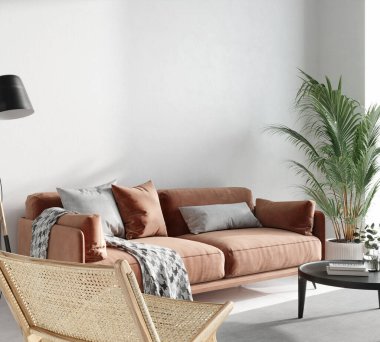 Yüzyılın ortalarında oturma odası. DCor için boş duvarlı, yan manzaralı. 3B illüstrasyon, 3B canlandırma