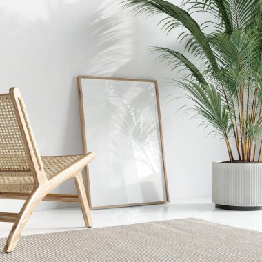 Zeminde bir çerçeve olan modern oda, cam yansıma, yan görünüm / 3D illüstrasyon, 3D canlandırma