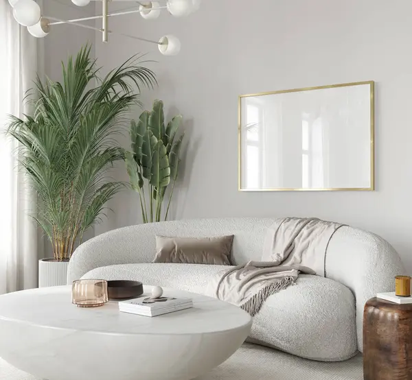Wohnzimmer Modernen Stil Mit Einem Horizontalen Rahmen Glasreflexion Seitenansicht Illustration Stockfoto