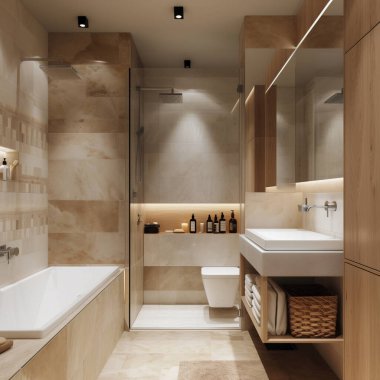 Banyosu, lavabosu ve tuvaleti olan bej fayanslı modern bir banyo. 3 boyutlu iç mekan, 3 boyutlu illüstrasyon