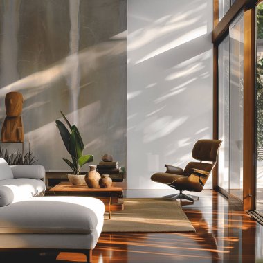 Büyük pencereli beyaz oturma odası. Büyük kanepe ve ahşap mobilyalar.