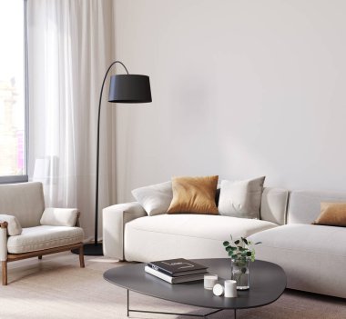 Yüzyılın ortalarında oturma odası, dcor, kenar görünüm / 3D görüntü, 3D görüntüleme için boş duvar ile modern tarz