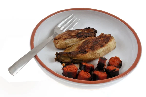 Plate Braised Endives Slices Chorizo Fork White Background — Stock Photo, Image