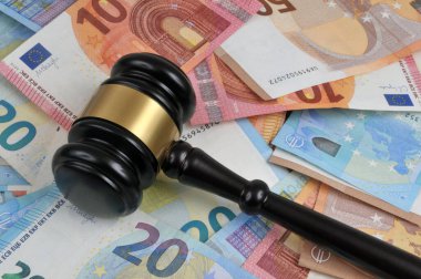 Judge gavel lying on euro banknotes  clipart