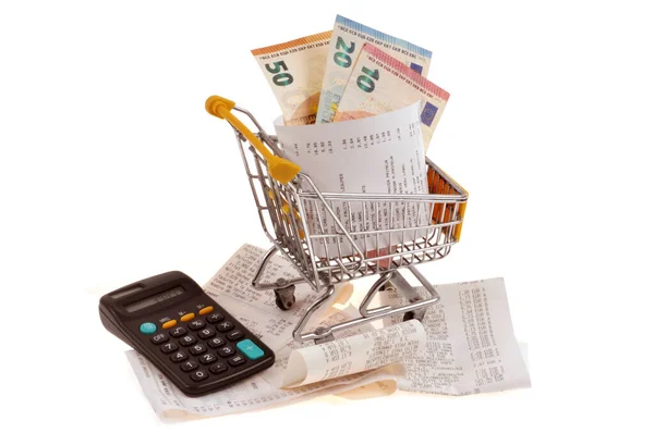 Recibos Numerário Com Notas Euro Num Carrinho Supermercado Close Calculador — Fotografia de Stock