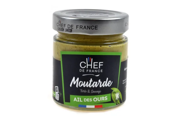 Pot Wild Garlic Strong Mustard Chef France Brand White Background — Stock Photo, Image