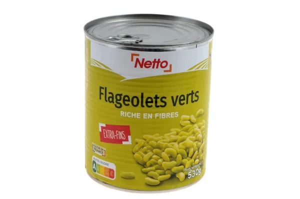 Canned Netto Brand Flageolets Close White Background — Stock Photo, Image