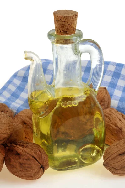 Carafe Walnut Oil Walnuts White Background — Stock Photo, Image