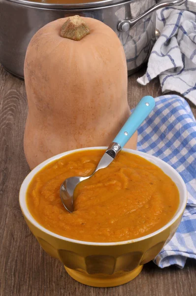 Bowl Butternut Squash Soup Spoon Close — Stock Photo, Image
