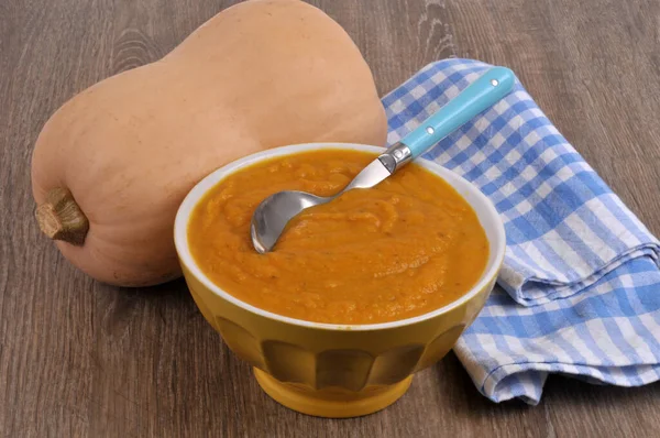 Bowl Butternut Squash Soup Spoon Close — Stock Photo, Image