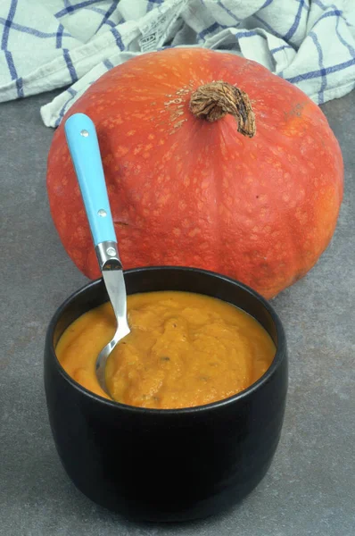 Bowl Pumpkin Soup Spoon Close — Stock Photo, Image