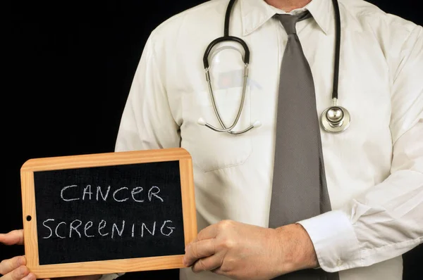 Doctor Holding School Slate Cancer Screening Written — Stock Photo, Image