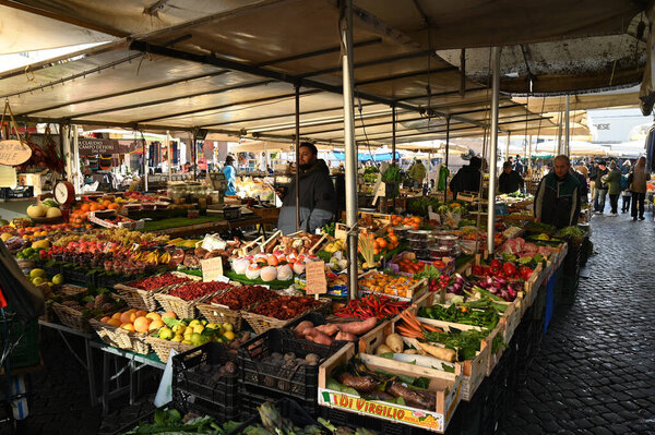Fruits and vegetables on the stalls of Rome's Campo de' Fiori market 
