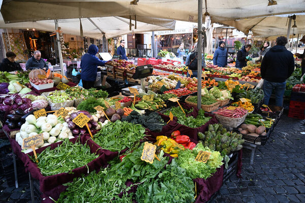 Fruits and vegetables on the stalls of Rome's Campo de' Fiori market 