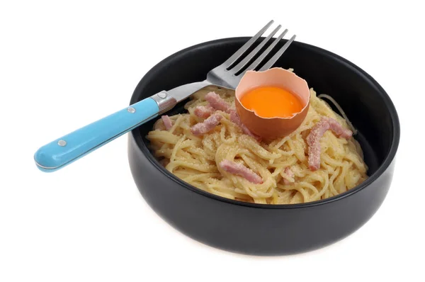 Assiette Spaghetti Carbonara Avec Jaune Oeuf Une Fourchette Sur Fond — Photo