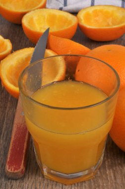 İçindekilerle birlikte bir bardak portakal suyu.