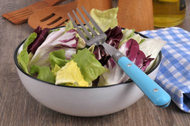 Plate with a mix of salads with a fork and a napkin close-up