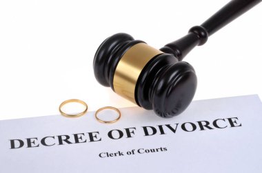 Divorce decree concept with wedding rings and judge gavel on white background