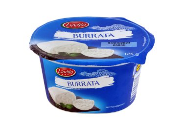 Burrata from the Lovilio brand in its packaging close-up on a white background