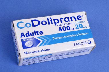 Box of Doliprane 400 close up on blue background