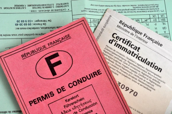 stock image French driving license with registration certificate and insurance certificate 