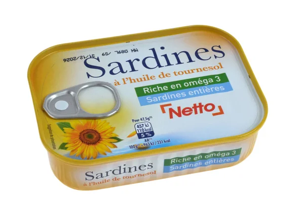 Canned Netto Brand Sardines Sunflower Oil Close White Background — Stock Photo, Image