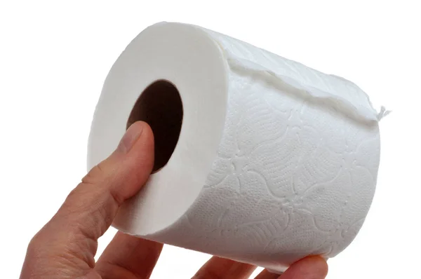 Rulla Toalettpapper Handen Vit Bakgrund — Stockfoto