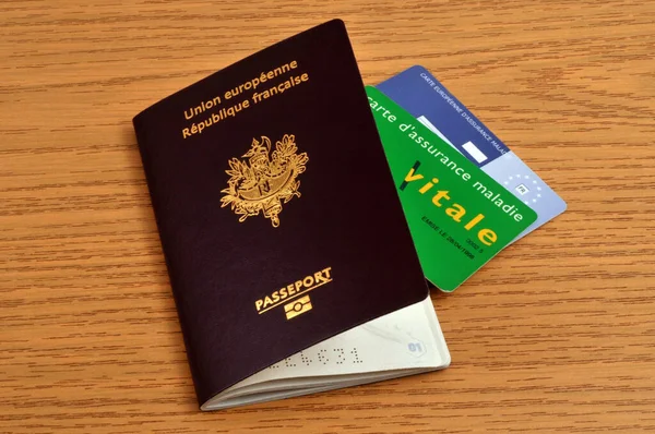 European Union Passport Vitale Card European Health Insurance Card Wooden — Stock Photo, Image