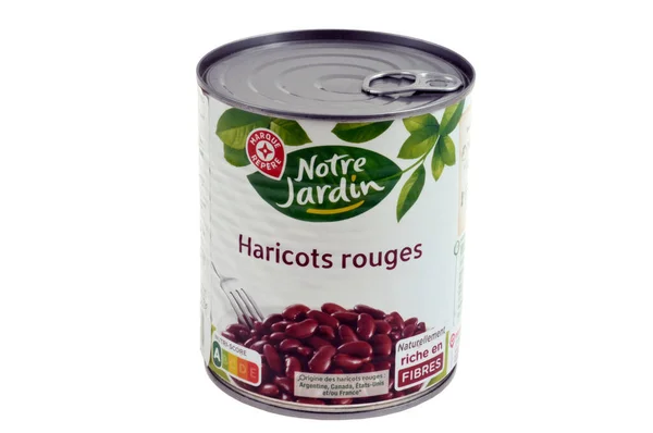 Canned Red Beans Notre Jardin Brand Close White Background — Stock Photo, Image