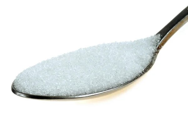 Spoon Pulveriserat Socker Närbild Vit Bakgrund — Stockfoto