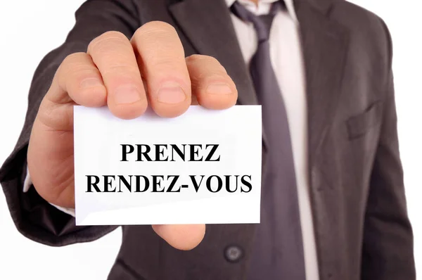 Бізнесмен Який Тримає Картку Каже Записатися Прийом Французькою — стокове фото