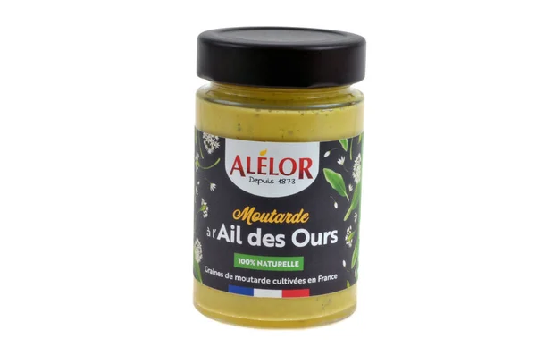 Alelor Wild Garlic Mustard Jar Close White Background — Stock Photo, Image