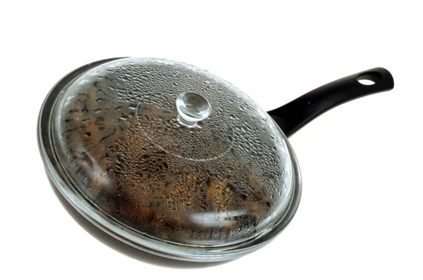 Frying Pan Glass Lid Close White Background — Stock Photo, Image