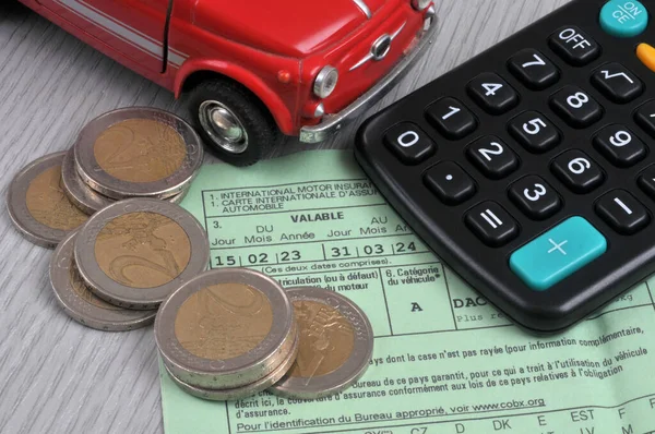 Transport Expense Concept Toy Car Insurance Certificate Euros Calculator Stock Photo